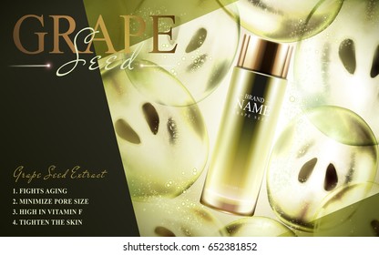 grape seed skin care oil contained in a glass bottle; with green fruit flesh, 3d illustration