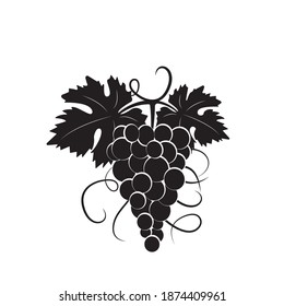 Grape silhouette illustration isolated on white background, vector. Grape silhouette with leaves. Black and white minimalist art design. Fruit, healthy food