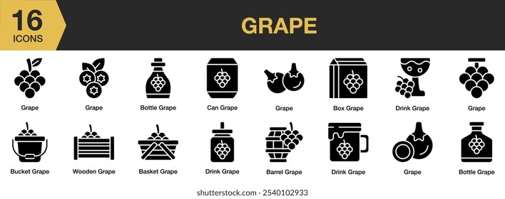 Grape solid icon set. Includes drink, can, grape, bottle, basket, and More. Solid icons vector collection.