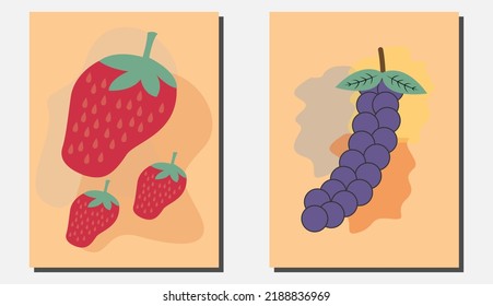 Grape and strawberry abstract fruit drawing art for wall decoration
