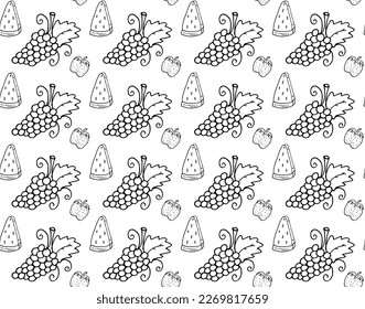 Grape strawberry watermelon Doodle seamless pattern. Vector black and white outline endless image. Pattern for decoration, textile, fabric, notebook coves, background card, poster, web, scrapbooking.