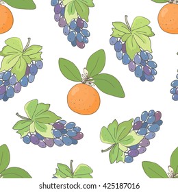 Grape and tangerine. Seamless pattern with fruits. Bright vector background for your design.