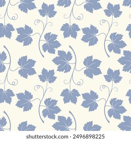 Grape vine blue with leaves pattern, vine silhouette on beige pastel background.