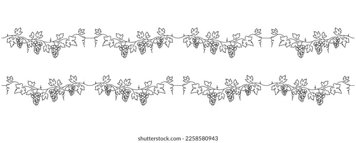 grape vine border design element, bunch of grapes horizontal seamless pattern, black line panoramic vector illustration