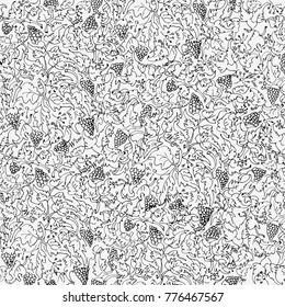 Grape vine with bunches of grapes in black color the seamless pattern on a white background.