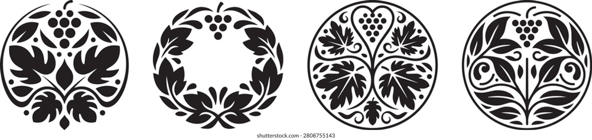 Grape Vine Circle Ornament Set Wine Decorative Vector Emblem