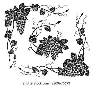 Grape vine corner bunches engraved set. Vintage hand drawn ink outline wine grapes border, floral berry frame. Decorative elements antique engraving design. Sketches for wine packing, menu, card,