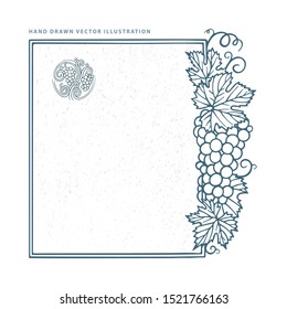 Grape and vine frame and logo. Grape and vine bunches engraving style hand drawn vector illustration. Part of set.