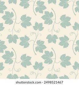 Grape vine green with leaves pattern, vine silhouette on beige pastel background.