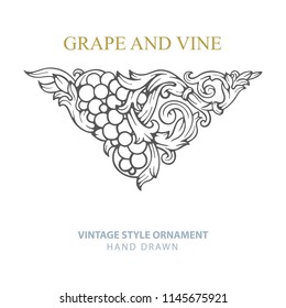 Grape and vine. Hand drawn grape and vine engraving style illustrations set. Bunch of grapes vector design element. Grape and vine logo and background. Wine theme grape and vine vintage style ornament