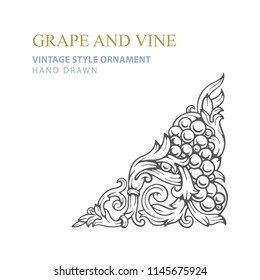 Grape and vine. Hand drawn grape and vine engraving style illustrations set. Bunch of grapes vector design element. Grape and vine logo and background. Wine theme grape and vine vintage style ornament