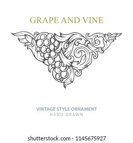Grape and vine. Hand drawn grape and vine engraving style illustrations set. Bunch of grapes vector design element. Grape and vine logo and background. Wine theme grape and vine vintage style ornament
