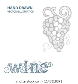 Grape and vine.  Hand written word wine with vine elements.
Letters connected with vine elements. Illustration of the wine theme.
