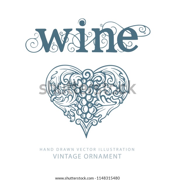 ブドウとブドウ 手書きのワインのベクター画像 手描きのハート形のブドウとブドウの装飾で ワイン という題名が付いている テキストとベクター画像にデザインエレメントを取り込みます のベクター画像素材 ロイヤリティフリー