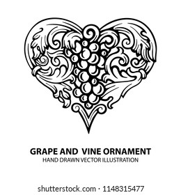 Grape and vine. Heart shape grape and vine ornament.
Engraving styled, hand drawn grape and vine ornament. 
