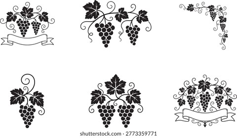 grape vine icons set ornamental leaves fruit winery vineyard decorative vintage vector