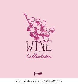 Grape vine illustration with pencil texture. Wine illustration. Wine-shop icon. Natural chalk texture. Grapevine drawing for emblem vineyard, biodynamic wines, grape harvest festival, wine bar sign.