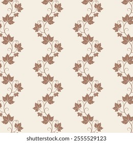 Grape vine with leaves pattern, brown chocolate vine silhouette, color 2025 mocha mousse, beige background.
