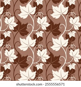 Grape vine with leaves pattern, brown chocolate and white vine silhouette on mocha mousse background.