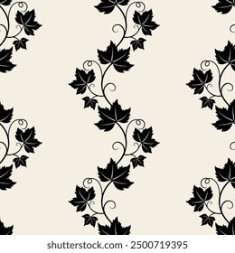 Grape vine with leaves pattern, dark vine silhouette on beige background.