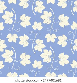 Grape vine with leaves pattern, vine silhouette on blue pastel background.