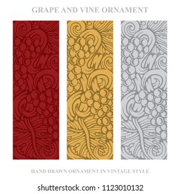 Grape and vine ornament and background. 
Hand drawn grape and vine engraving style illustration. 
Bunch of grapes vector design element. 
Wine theme grape and vine vintage style design. 