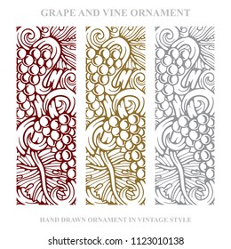 Grape and vine ornament and background. 
Hand drawn grape and vine engraving style illustration. 
Bunch of grapes vector design element. 
Wine theme grape and vine vintage style design. 