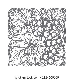 Grape and vine ornament and background. 
Hand drawn grape and vine engraving style illustration. 
Bunch of grapes vector design element. 
Wine theme grape and vine vintage style design. 