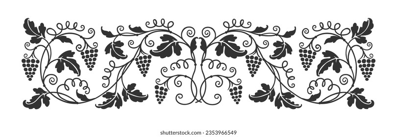 Ornamento de vid de uva, borde de vino y rama de viñedo, marco floral vectorial para bodega. Borde de cosecha de uva o ramas y hojas de viñedo, decoración de adornos monocromos para la etiqueta de producto vitivinícola