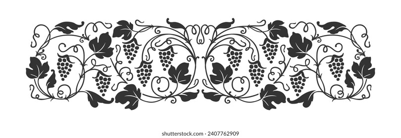 Ornamento de vid de uva, borde de vino, rama de viñedo. Borde floral vintage, decoración vectorial monocromática antigua, espaciador o subrayado. Separador con frutos y hojas de vid de uva con rizo