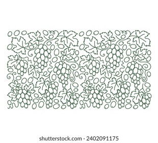 Grape vine pattern background. Grape branches and leaves. Editable outline stroke. Vector line.