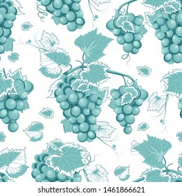 Grape vine seamless pattern and leaves on white background, Fresh organic food, Grape bunch pattern background, Fruit vector illustration.