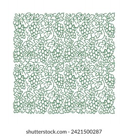 Grape vine square pattern. Grape branches and leaves. Editable outline stroke. Vector line.