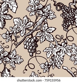 Grape vine vintage seamelss vector flourish ornate pattern sketch background