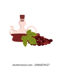 Grape vinegar. Vector illustration of a glass decanter with a stopper, ideal for culinary themed decor. Grape vinegar in flat style on isolated background.