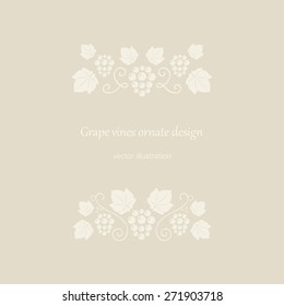 Grape vines beige ornate frame. Vector illustration.