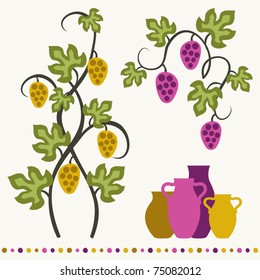 Grape vines, wineglasses and decorative elements set. Vector illustration.