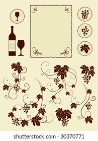 Grape vines and winery object silhouettes. Vector illustration.