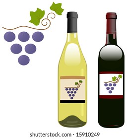 A grape vineyard symbol on the labels of red & white rhone & bordeaux shape wine bottles.