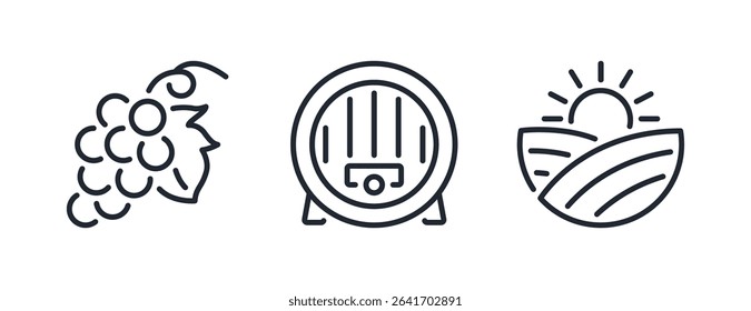 Grape, wine barrel and vineyard field editable stroke outline icons set isolated on white background flat vector illustration. Pixel perfect. 64 x 64.