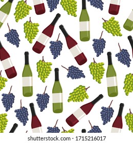 Grape and wine bottle vector seamless pattern on a white background for wallpaper, wrapping, packing, and backdrop.