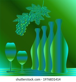 Grape wine with bottles and wine glasses on a green background. Use it for illustrations and design.