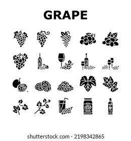 uva de racimo de fruta de iconos verdes conjunto vector. vid de hoja, alimentos frescos, viñas rojas, baya de zumo de uva, uva de uva de uva de planta orgánica púrpura ramo de fruta pictograma de glifo verde Ilustraciones
