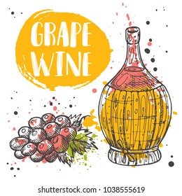 Grape wine concept design. Sketch style winemaking products. Glass vintage bottle. Ink hand drawn vector illustration. Can be used for menu, shop, farmers market, restaurant, cafe, bar, poster, banner