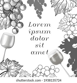 Grape, wine design template. Hand drawn vector illustration of grapes berries, glasses of wine. Retro style botanical banner engraving. Stock vector illustration
