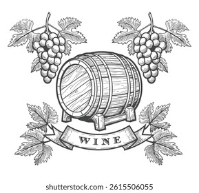 Grape wine engraving emblem. Retro wine barrel grape bunches leaves and ribbon isolated vector illustration