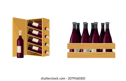 Grape Wine Glass Bottles Standing in Wooden Wine Rack and Crate Vector Set