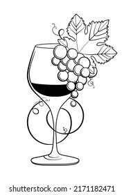 Grape wine with a glass. Freehand drawing. Line art on a white background. Black and white pictures in vintage engraving style. Vetor illustration.