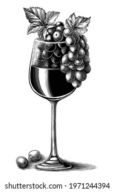Grape wine and glass hand drawn vintage engraving style black   white clip art isolated white background