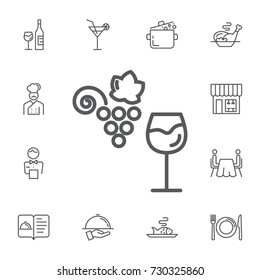 Grape and Wine in glass icon Vector Illustration on the white background. Simple Set of restaurant Vector Line Icons.